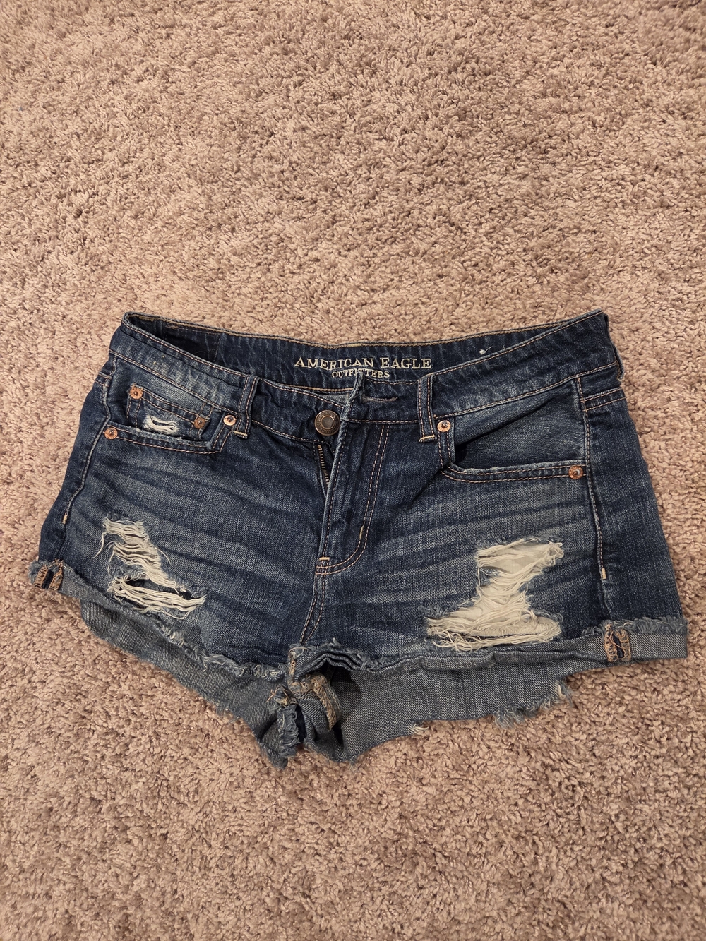 American Eagle Dark Blue Distressed Denim Shorts